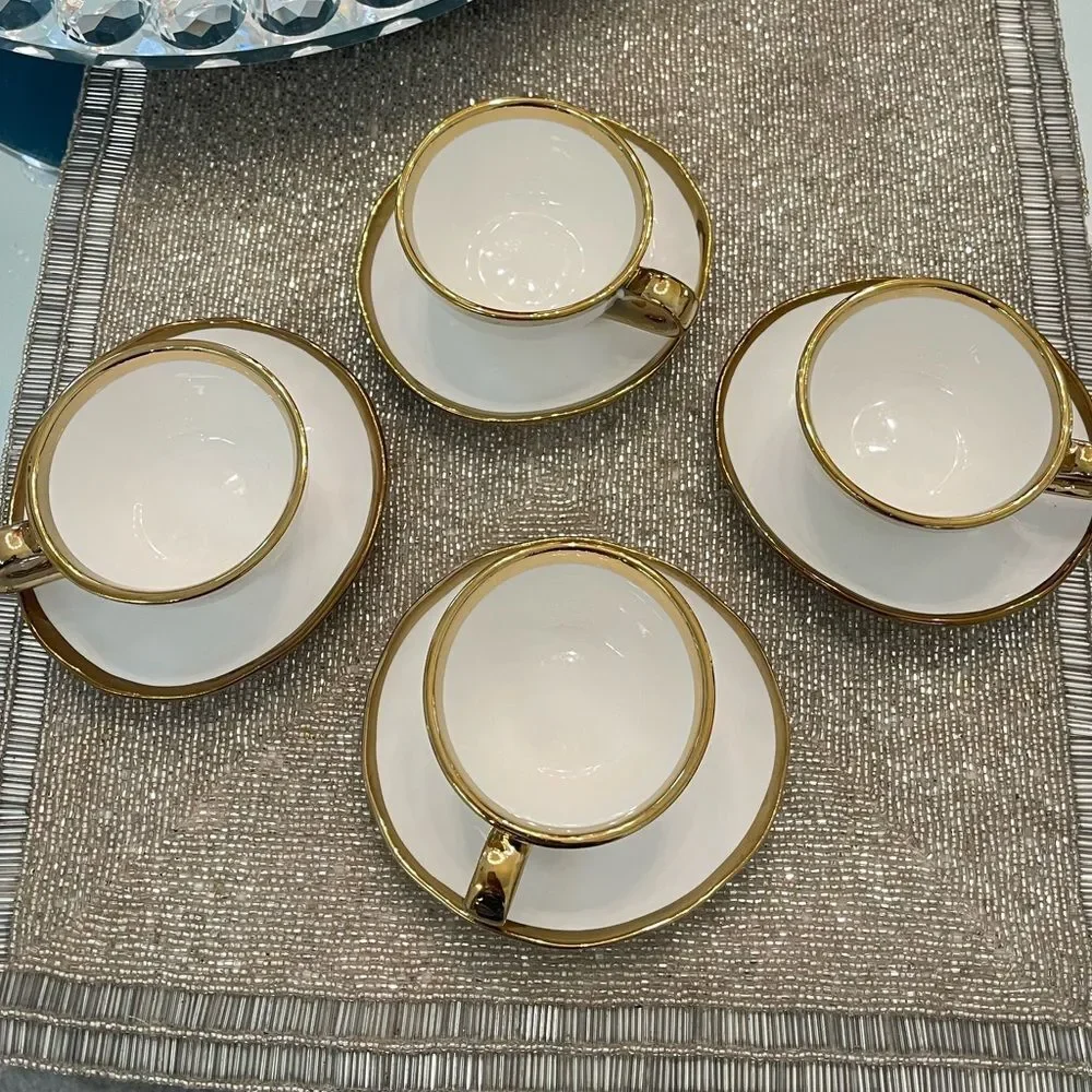 Set of 4 Gold Metallic Porcelain Cup & Saucer